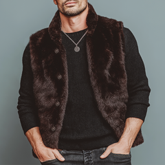 Men's Luxury Chocolate Stand Collar Velvet-Soft Faux Fur Vest MTA0763K7U