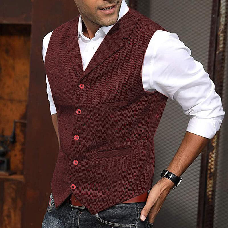Men's Vintage Herringbone Lapel Single Breasted Slim Fit Suit Vest 34062296M
