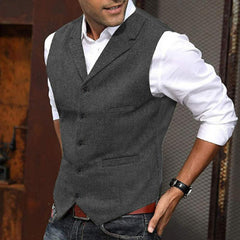 Men's Vintage Herringbone Lapel Single Breasted Slim Fit Suit Vest 34062296M