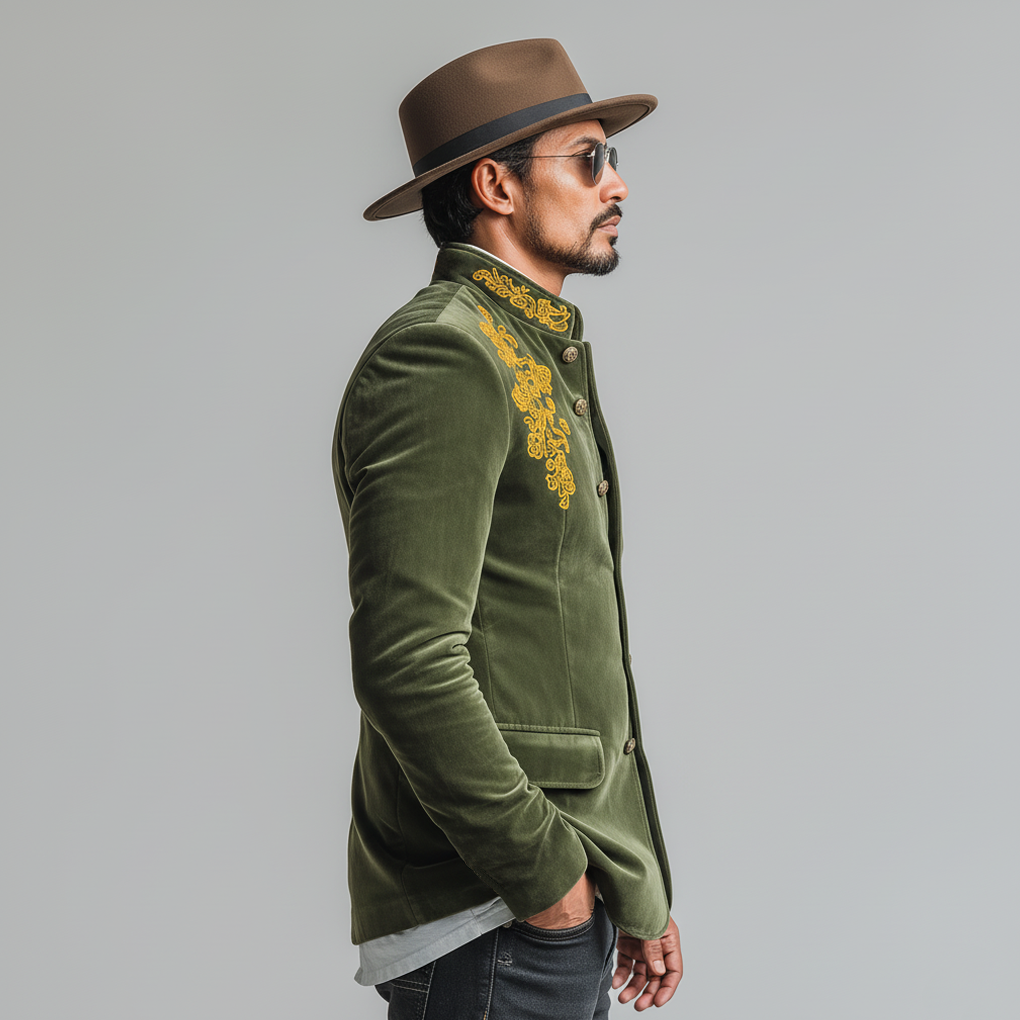 Men's Classic Retro Stand Collar Embroidered Faux Velvet Slim Fit Jacket MTA0401L4K