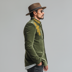 Men's Classic Retro Stand Collar Embroidered Faux Velvet Slim Fit Jacket MTA0401L4K