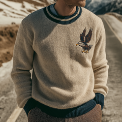 Men's Retro Casual Knitted Eagle Embroidery Crew Neck Sweater MTA0176L4TO