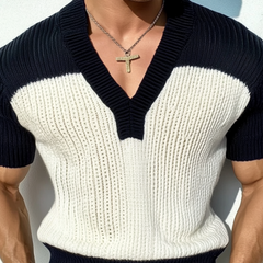 Men's Casual Contrast Color V-Neck Slim Fit Knitted Short Sleeve Sweater T-Shirt MTA1727C6M