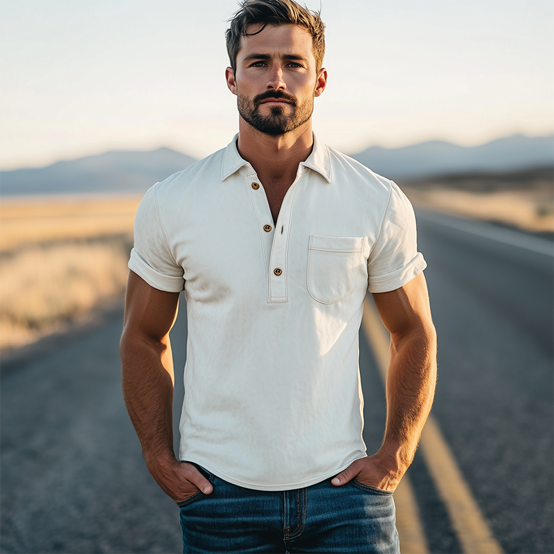 Men's Spring Fashion Retro Western Style Suede Short Sleeve Polo Shirt MTA0203D6K