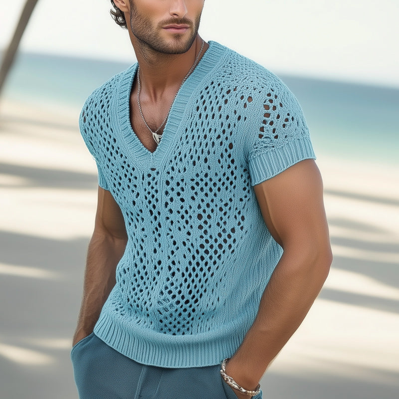 【24-hour shipping out】Men's Summer Fashion V-neck Knitted Mesh Breathable T-shirt MTA0240D7U