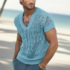 【24-hour shipping out】Men's Summer Fashion V-neck Knitted Mesh Breathable T-shirt MTA0240D7U