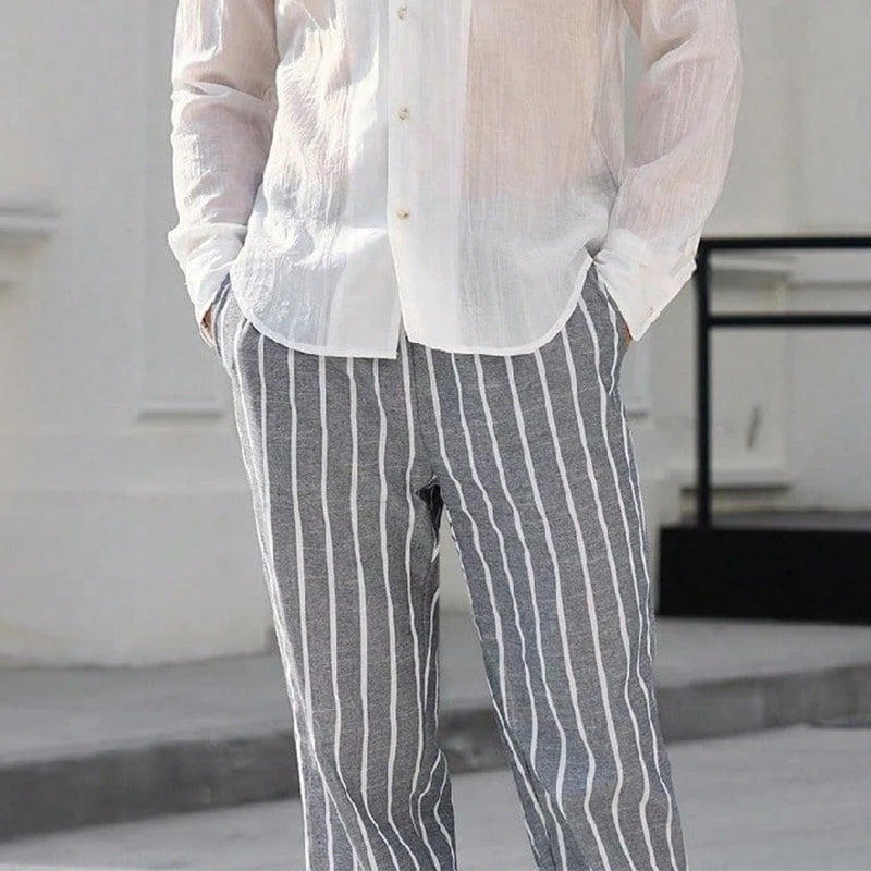 【24-hour shipping out】Men's Casual Cotton and Linen Striped Elastic Beach Pants MTA0386D6X