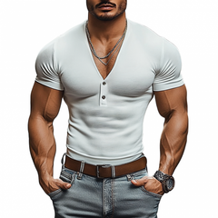 Men's Casual V-neck Button Cotton Blend Slim Fit Short Sleeve T-Shirt MTA0269D5M