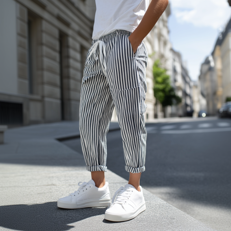 【24-hour shipping out】Men's Casual Cotton Blend Striped Elastic Waist Tapered Pants MTA1006D9M