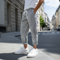 【24-hour shipping out】Men's Casual Cotton Blend Striped Elastic Waist Tapered Pants MTA1006D9M