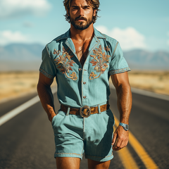 Men's Summer Fashion Casual Retro Western Style Tencel Denim Embroidery Jumpsuit (Without Belt) MTA1721D4K