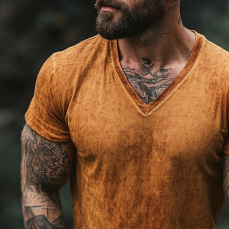 【24-hour shipping out】Men's Retro Casual Shabby Printed V-Neck Short Sleeve T-Shirt MTA2555D1TO