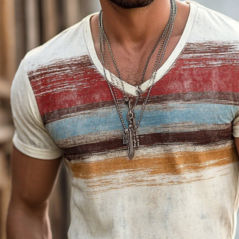 【24-hour shipping out】Men's Retro Casual Shabby Striped Printed V-Neck Short Sleeve T-Shirt MTA2517D8TO