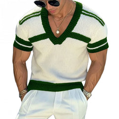 【24-hour shipping out】Men's Casual V-neck Striped Jacquard Slim Fit Knitted Short-sleeved Sweater T-Shirt 13072472M