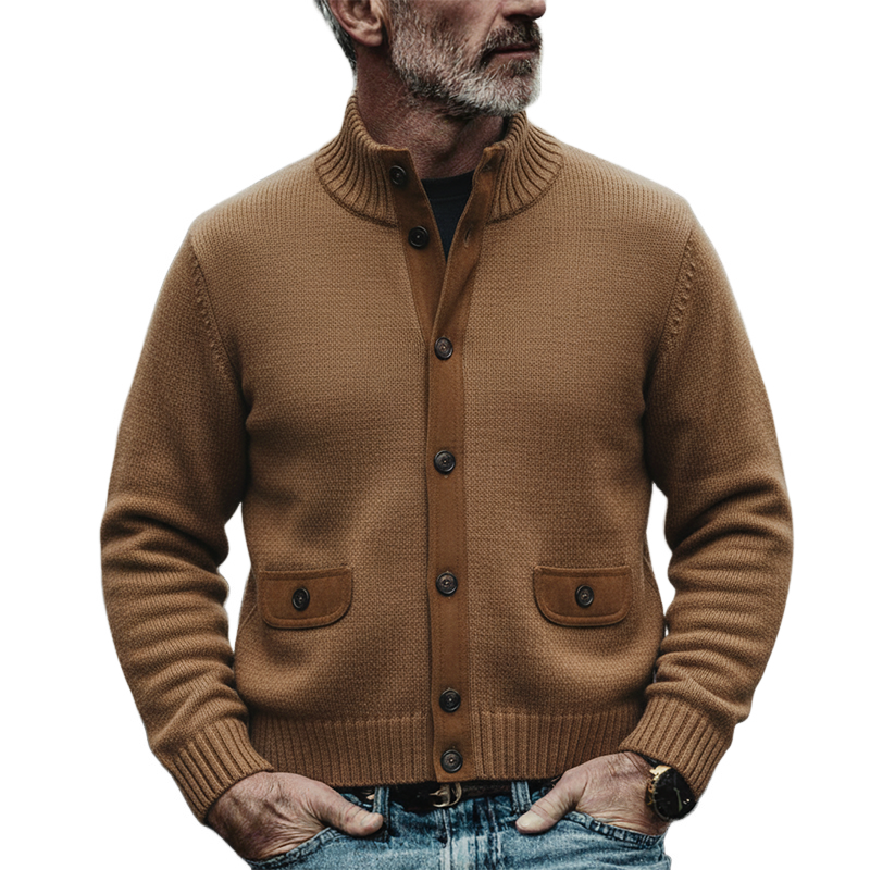 Men's Solid Color Patchwork Knit Stand Collar Button Cardigan MTA1377K6X