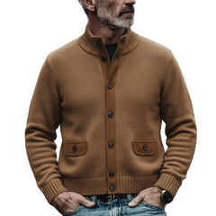 Men's Solid Color Patchwork Knit Stand Collar Button Cardigan MTA1377K6X