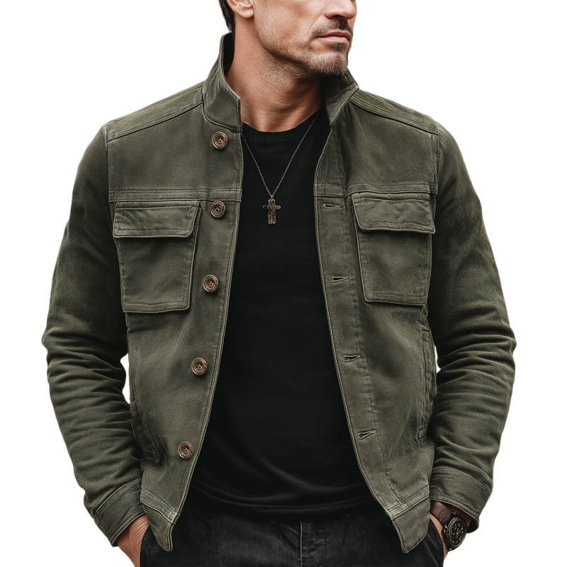 Men's Classic Army Green Stand-collar Suede Button-up Jacket MTA0158L5U
