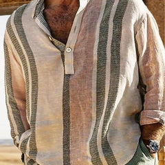Men's V-neck Striped Print Loose Lapel Cotton Linen Shirt 98320759X