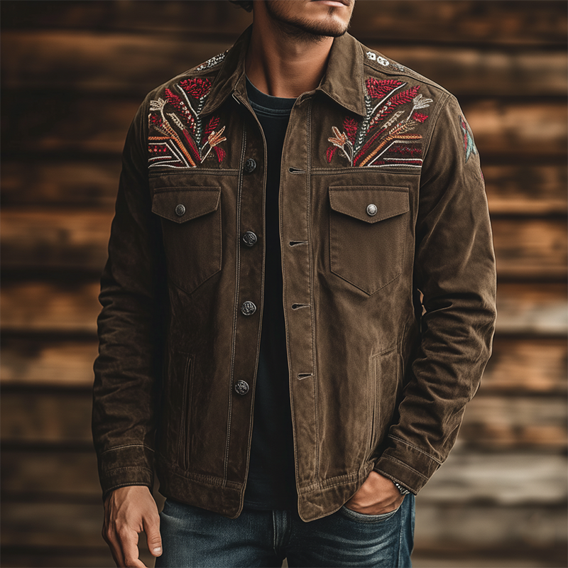 Men's Retro Embroidered Washed Denim Jacket MTA1137K9P