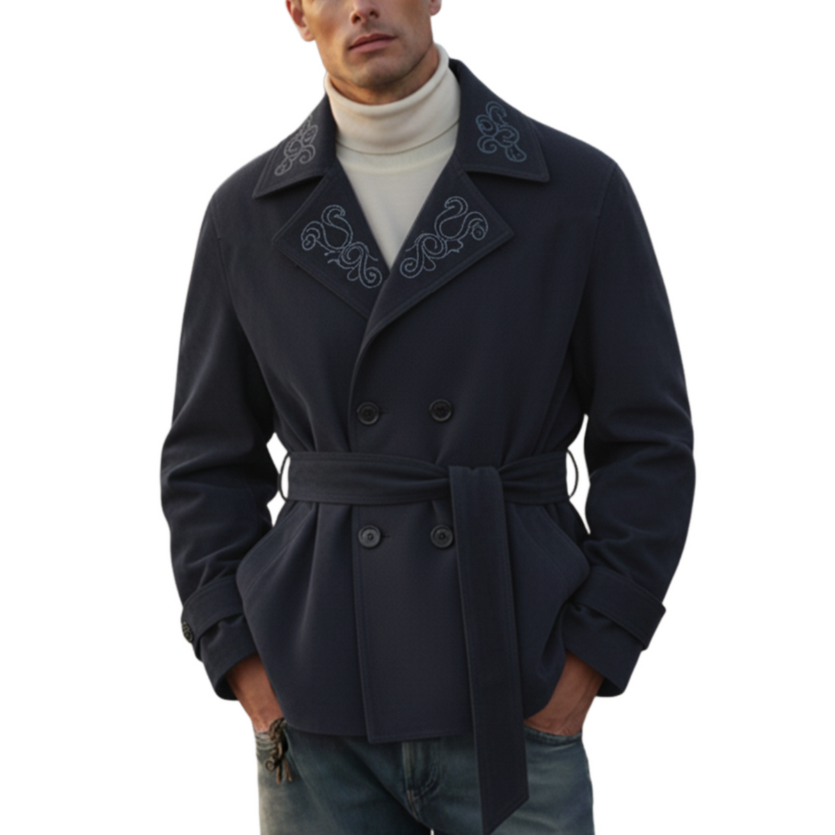 Men's Classic Retro Western Style Lapel Embroidered Faux Suede Double-breasted Jacket MTA1145K2K