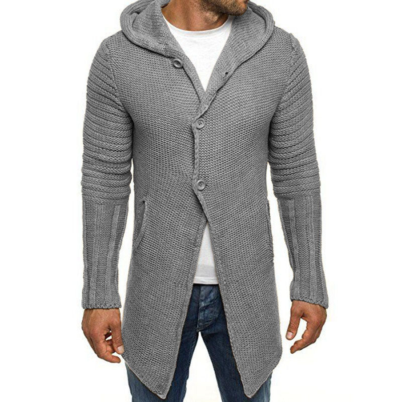 Men's Casual Hooded Single Breasted Long Sleeve Mid Length Knit Cardigan 90721661M