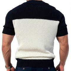 Men's Casual Contrast Color V-Neck Slim Fit Knitted Short Sleeve Sweater T-Shirt MTA1727C6M