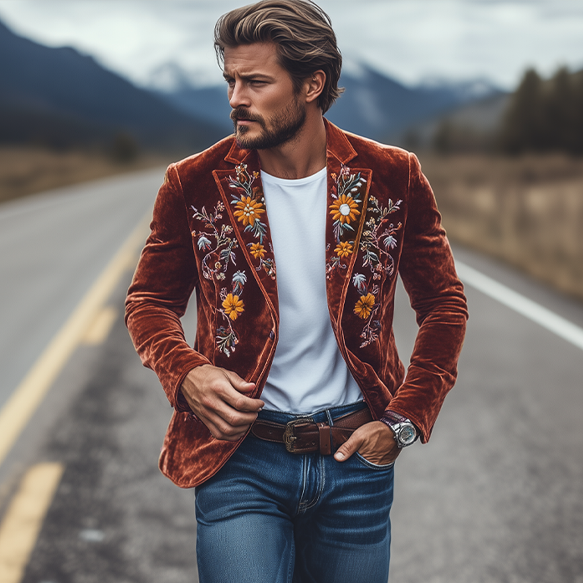 Men's Classic Retro Slim Fit Single Breasted Faux Velvet Embroidered Blazer 43171298K