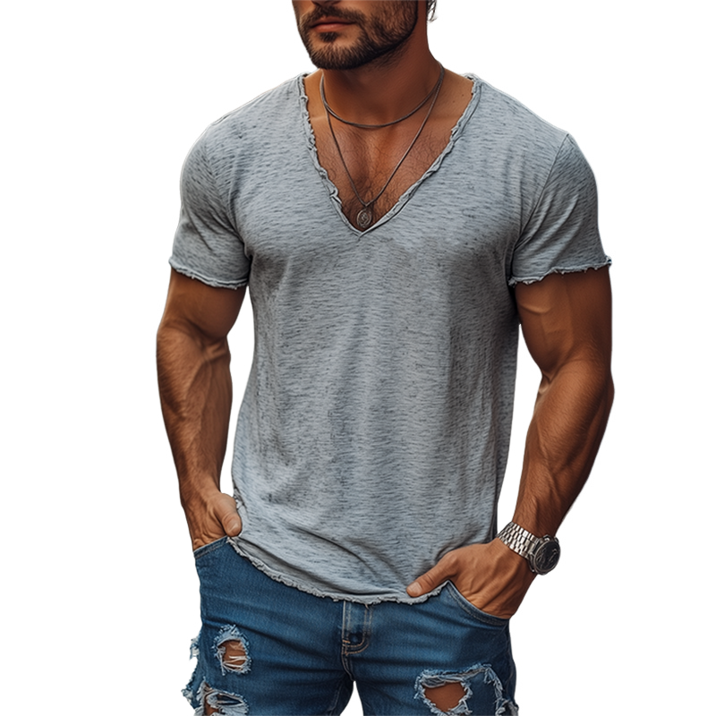 Men's Summer Casual Heathered Cotton Blended V-Neck Raw Edge Short Sleeve T-Shirt MTA0229G9K