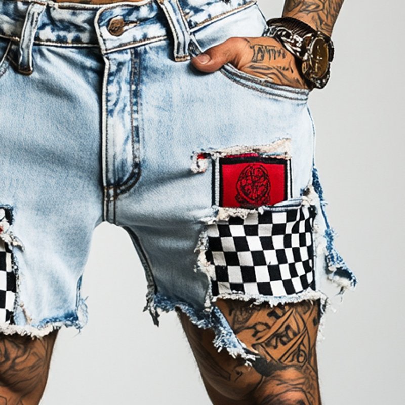Men's Ripped Check Denim Shorts MTA1296F1X