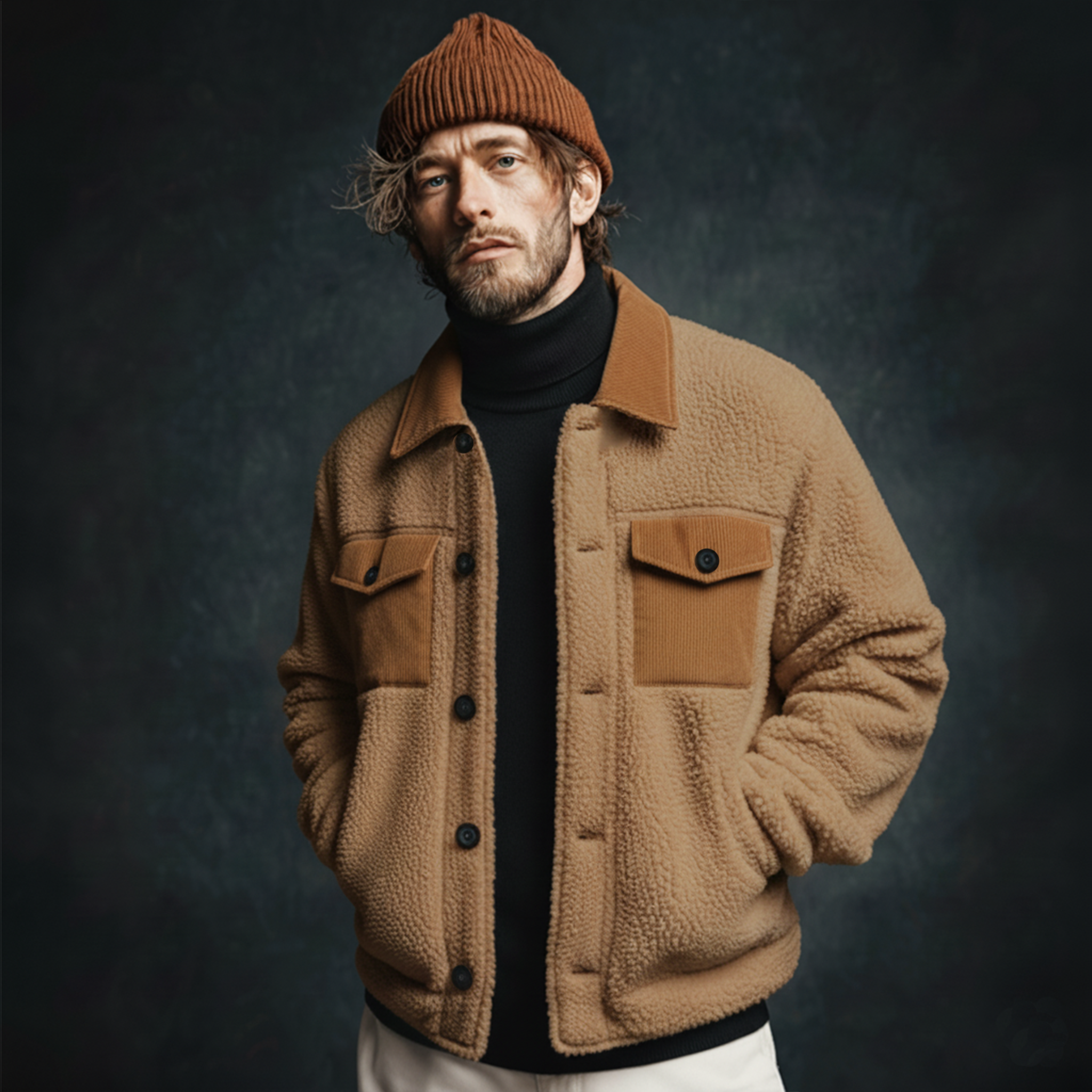 Men's Classic Casual Collar Pocket Corduroy Button Fleece Jacket MTA0187K0K