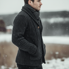 Men's Classic Thick Dark Gray Jacquard Knit Button-up Cardigan MTA2980K9U