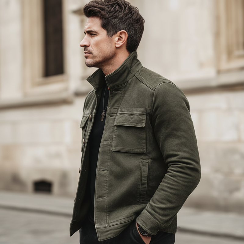 Men's Classic Army Green Stand-collar Suede Button-up Jacket MTA0158L5U