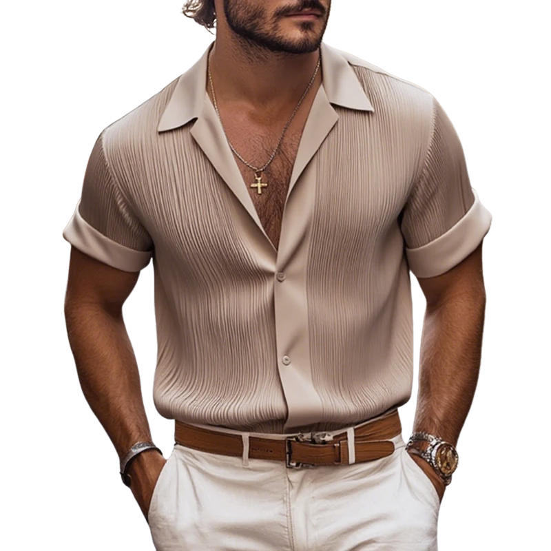Men's Solid Satin Pleated Lapel Short Sleeve Shirt MTA0317G0Z