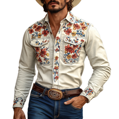 【24-hour shipping out】Men's Western Cowboy Style Embroidered Lapel Chest Pocket Long Sleeve Cotton Shirt 42207261Z