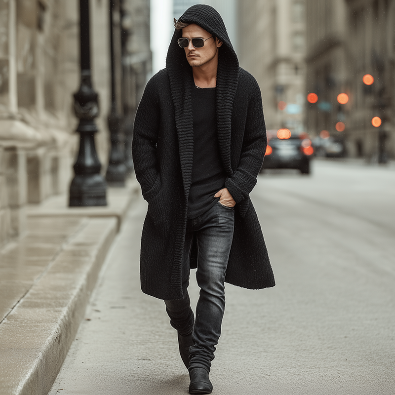 Men's Autumn And Winter Fashion Solid Color Cotton Yarn Knitted Long Hooded Cardigan MTA2378I9P