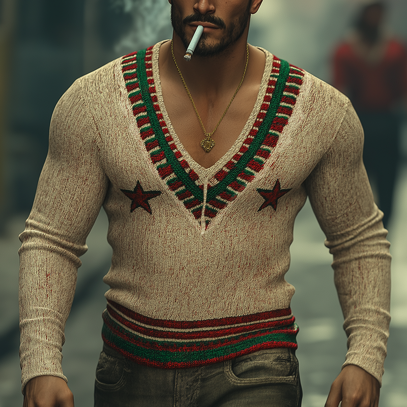 Men's Winter Retro Cotton Yarn Knitted Jacquard V-Neck Sweater MTA2983K9P