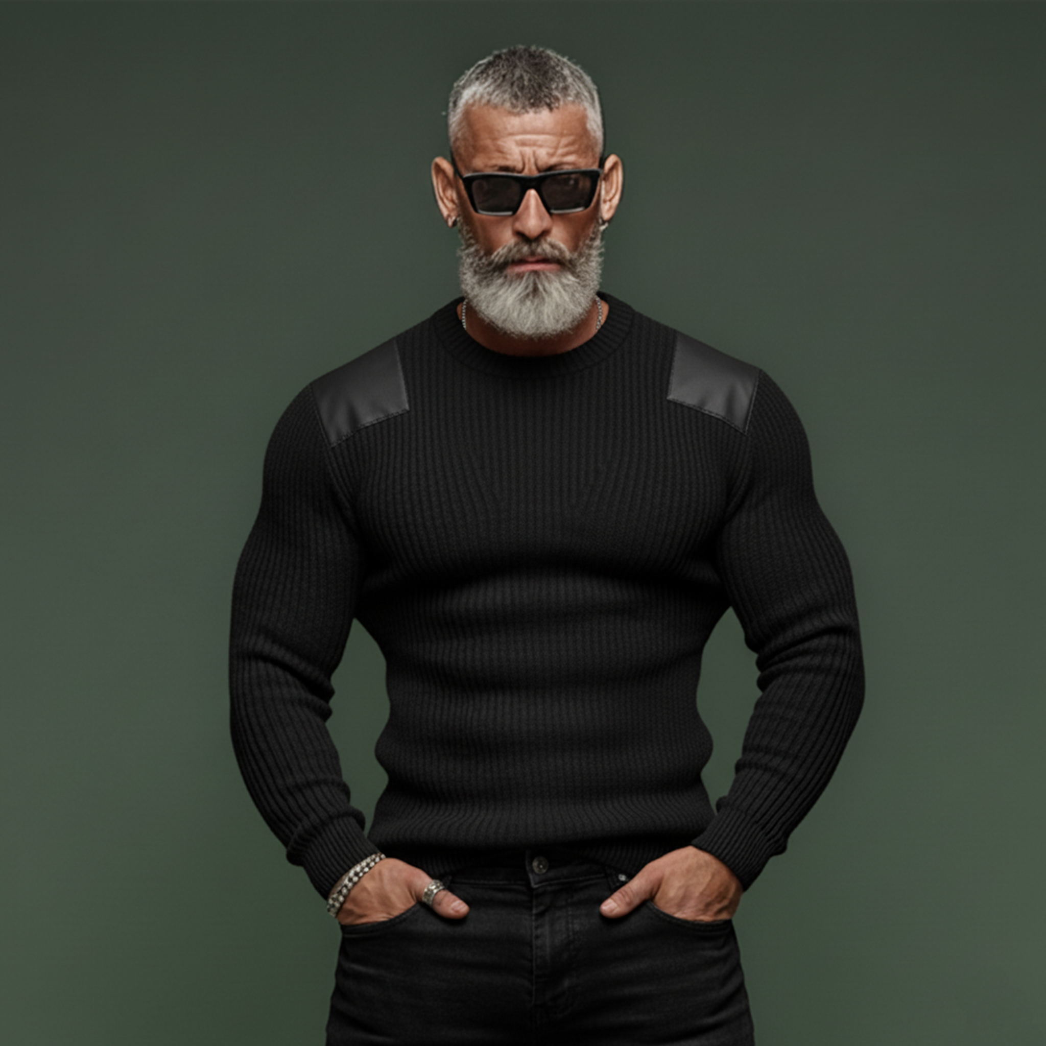 Men's Classic Casual  PU Leather Shoulder Slim Fit Crew Neck Sweater MTA2496K7K