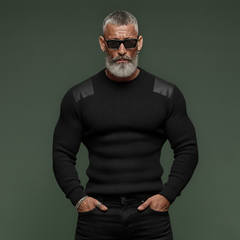 Men's Classic Casual  PU Leather Shoulder Slim Fit Crew Neck Sweater MTA2496K7K