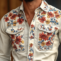【24-hour shipping out】Men's Western Cowboy Style Embroidered Lapel Chest Pocket Long Sleeve Cotton Shirt 42207261Z