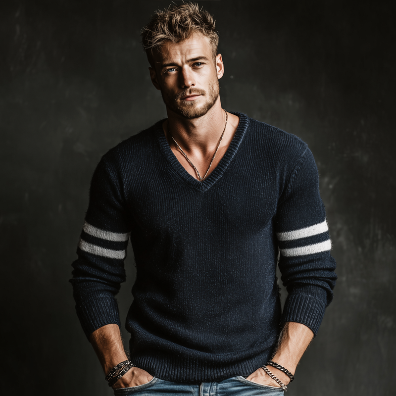 Men's Urban Style Navy Blue V-neck Slim-fit Knitted Sweater MTA0165L0U