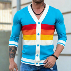 Men's Retro Casual Rainbow Striped Knit Color Block Shirt Cardigan MTA0679K8TO