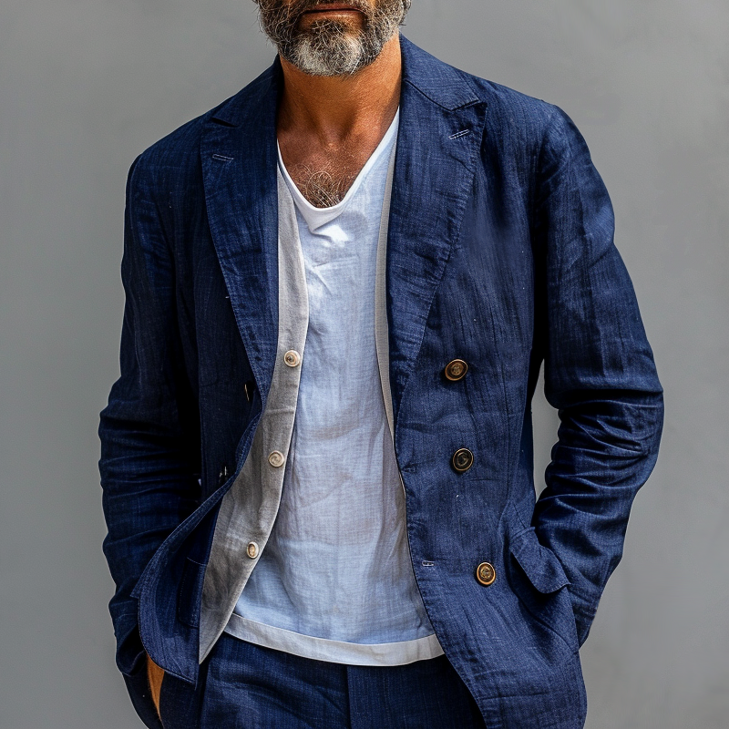 Men's Solid Cotton And Linen Notch Lapel Double Breasted Casual Blazer 53719048Z