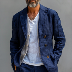 Men's Solid Cotton And Linen Notch Lapel Double Breasted Casual Blazer 53719048Z