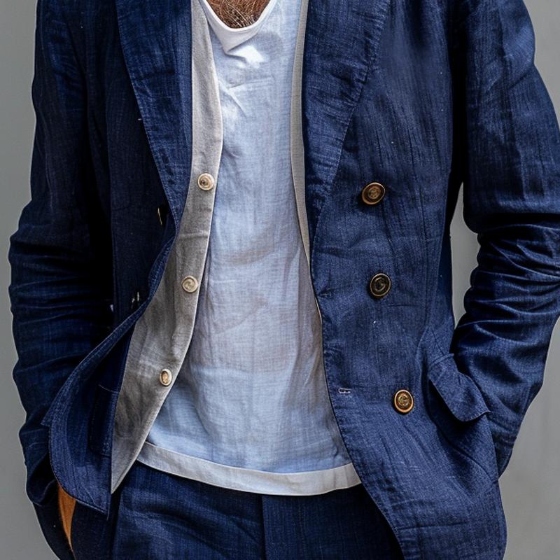 Men's Solid Cotton And Linen Notch Lapel Double Breasted Casual Blazer 53719048Z