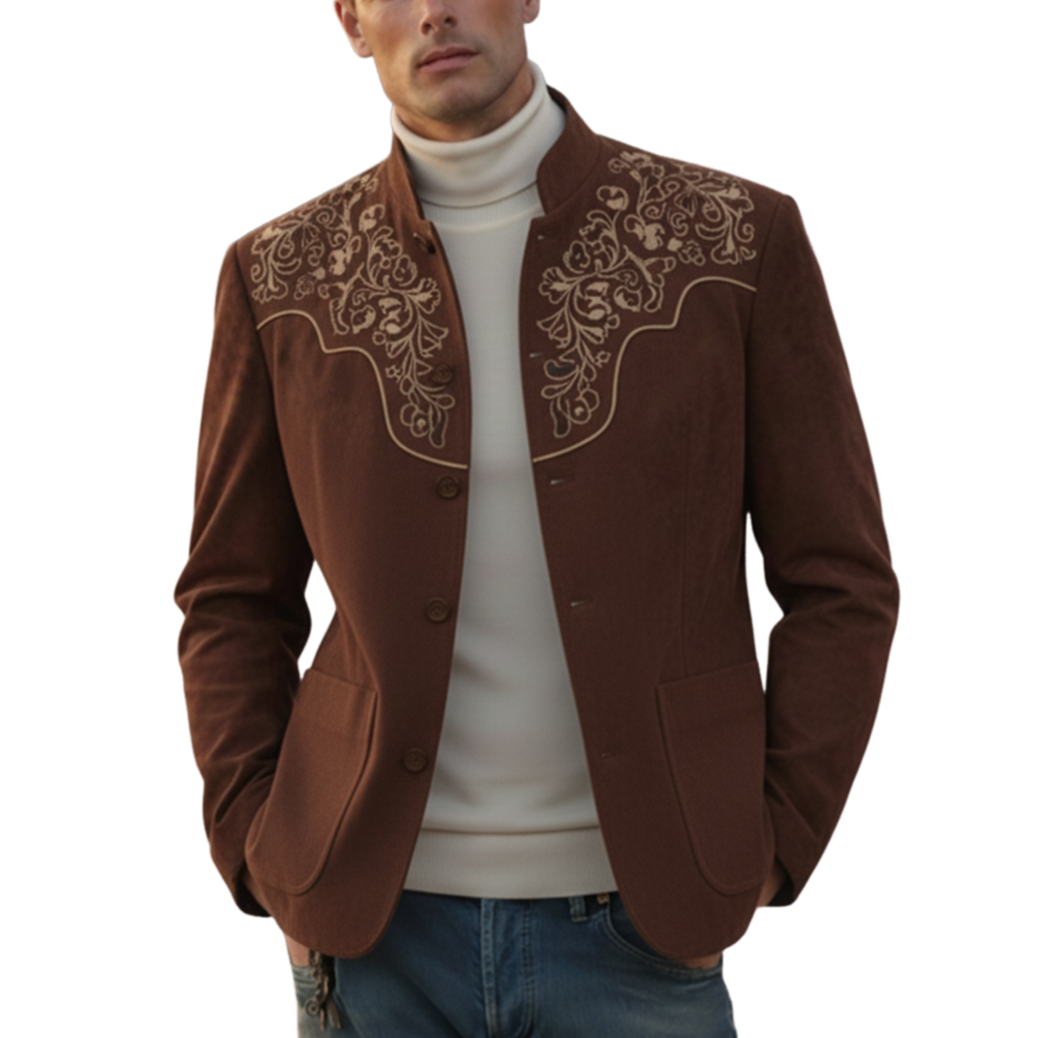 Men's Classic Retro Western Style Stand Collar Embroidered Faux Suede Single-Breasted Jacket MTA1168K5K