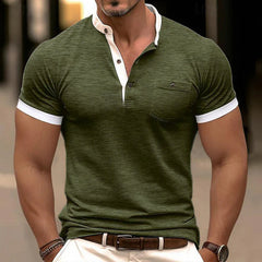 Men's Casual Colorblock Cotton Henley Collar Patch Pocket Slim Fit Short Sleeve T-Shirt MTA0647E5M