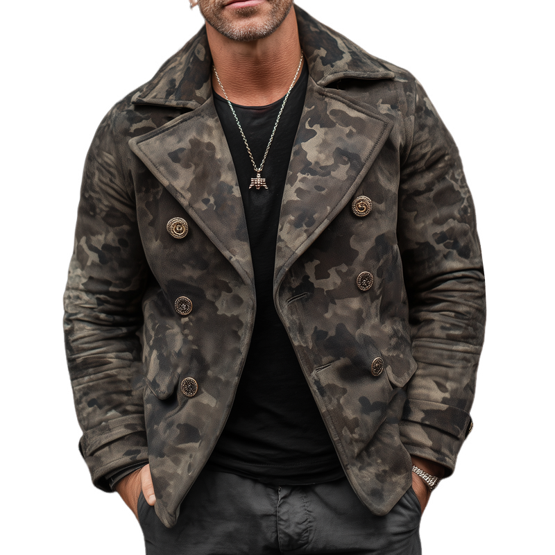 Men's Classic Camouflage Print Suede Double Breasted Jacket MTA0447I4U
