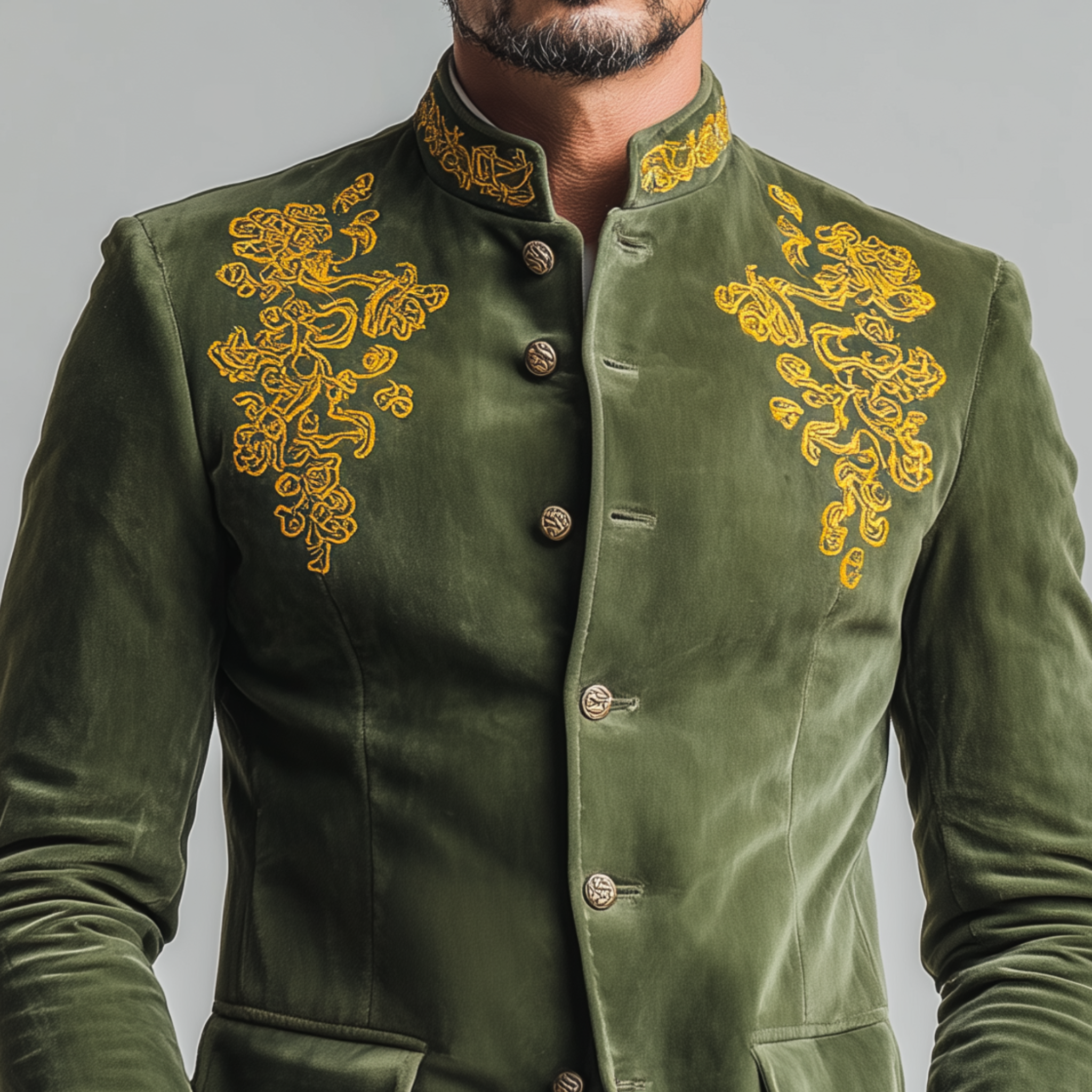 Men's Classic Retro Stand Collar Embroidered Faux Velvet Slim Fit Jacket MTA0401L4K