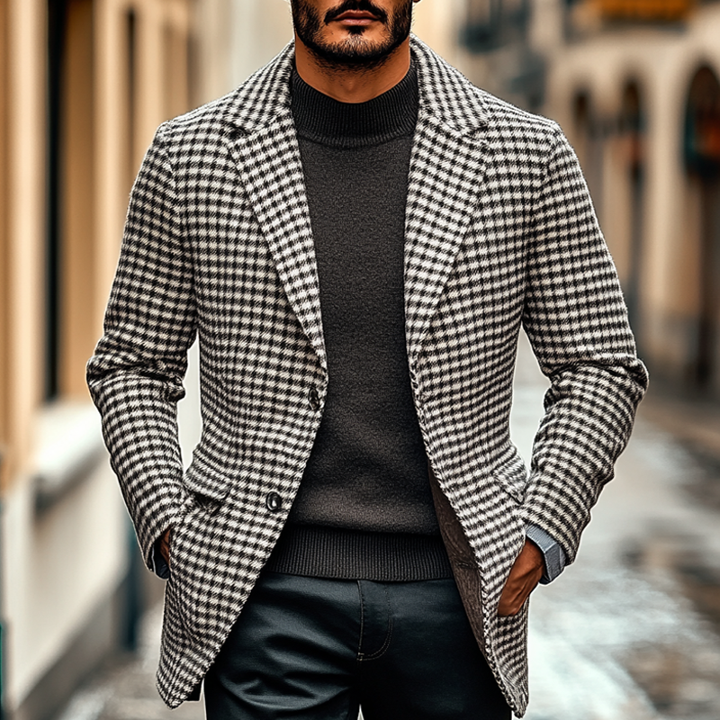 Men's Plaid Jacquard Lapel Button Mid-length Coat MTA2002K3X