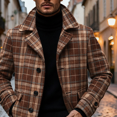 Men's Brushed Plaid Jacquard Lapel Mid-length Coat MTA2440K4X